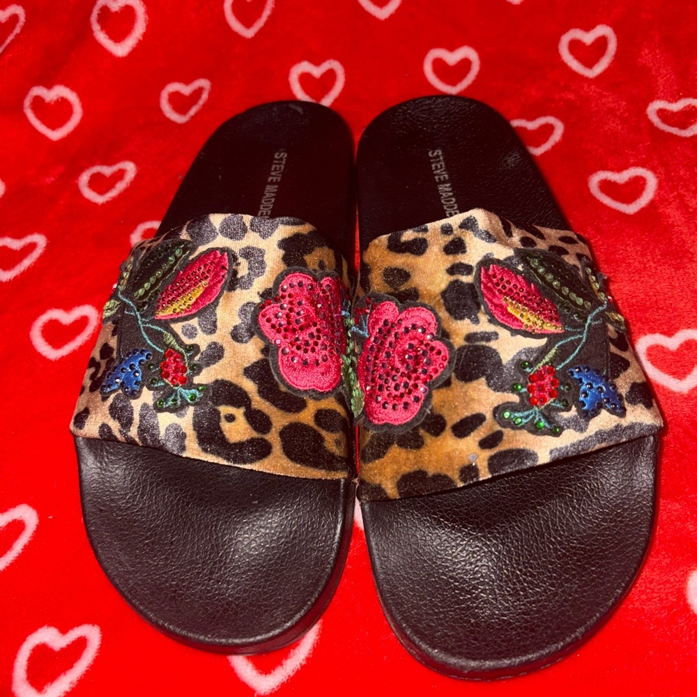 Steve Madden Animal Print Embroidered Slide Sandals Pre-Owned Mint Condition